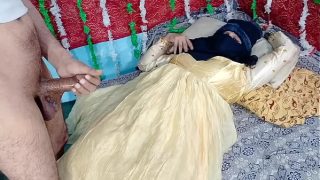 Desi bride in yellow sari passionately taken by well-endowed Indian lover