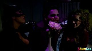 Two leather-clad sluts, locked in a cell, getting raw with a third in a filthy three-way thrill