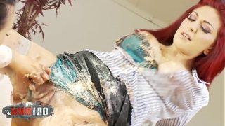 Two busty sluts get messy in a steamy food porn lesbian hookup
