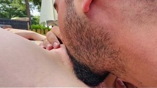 Bearded dude eats her out and fingers her outside, then pounds her deep in missionary and doggy—blasts a hot load all over her ass