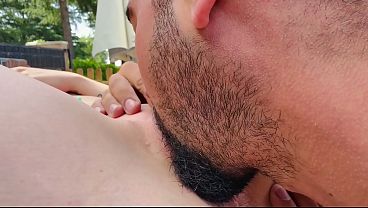 Bearded dude eats her out and fingers her outside, then pounds her deep in missionary and doggy—blasts a hot load all over her ass